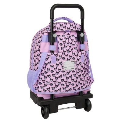 Mochila de rodinhas rosa com padrão de gatos pretos e lilás