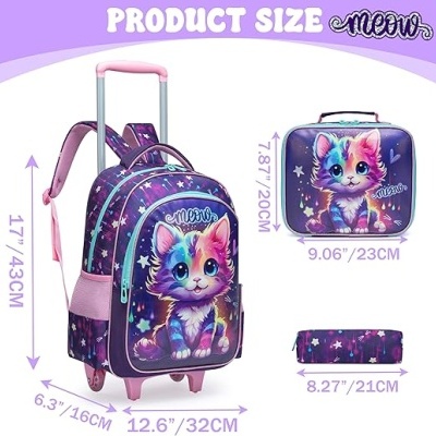 Conjunto de mochila com carrinho, necessaire e estojo com gato colorido e padrão de estrelas roxas e azuis.