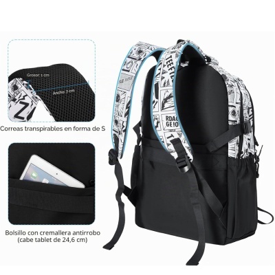 Mochila preta com padrão quadrinhos branco e preto e alças transpiráveis em forma de S.