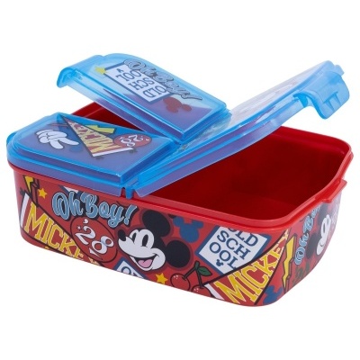 Caixa de plástico vermelha e azul com tampa azul translúcida e estampa do Mickey Mouse