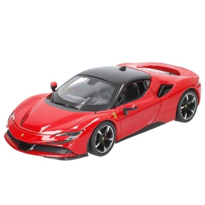 Modelo de carro desportivo Ferrari vermelho com tejadilho preto e jantes prateadas