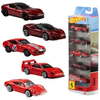 Conjunto de 5 carros de brinquedo Ferrari Hot Wheels vermelhos com embalagem