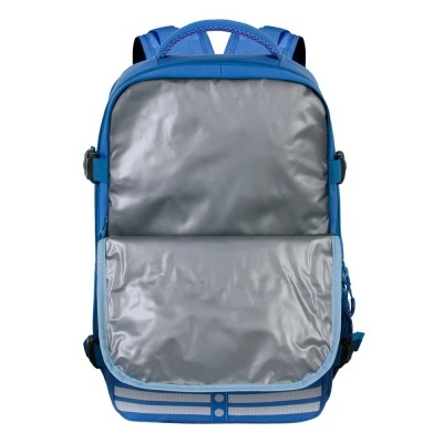 Mochila azul com interior cinzento prateado aberta