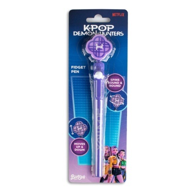 Caneta fidget roxa com embalagem azul de produto K-POP Demon Hunters