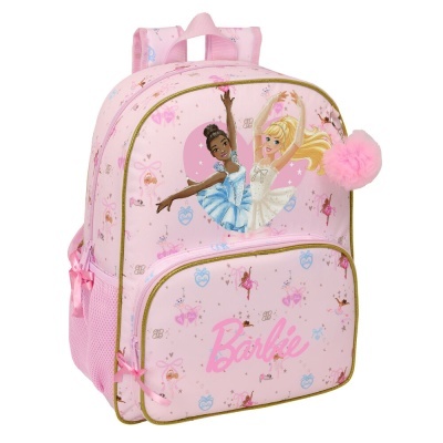 Mochila infantil rosa com design da Barbie e pompom rosa.