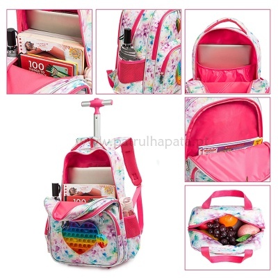 Mochila floral colorida com rodas, compartimentos variados e brinquedo Pop It