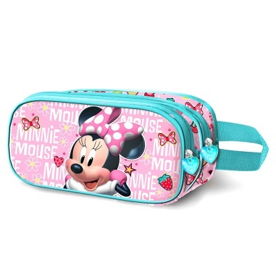 Estojo escolar retangular azul turquesa e rosa com imagem da Minnie Mouse e fechos em forma de coração