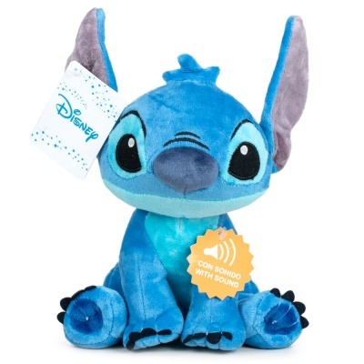 Pelúcia azul do personagem Stitch da Disney com etiquetas visíveis