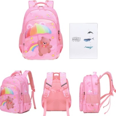 Mochila rosa infantil com urso e arco-íris, várias vistas