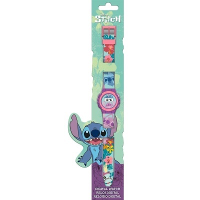 Relógio digital infantil Stitch com bracelete floral em embalagem azul clara