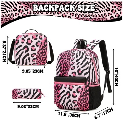Conjunto mochila, saco e estojo animal print rosa, preto e branco com medidas