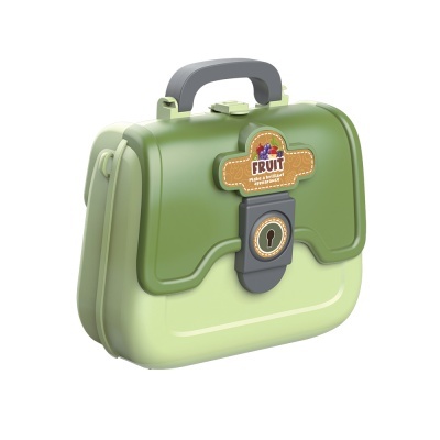 Mala verde com alça cinza e etiqueta FRUIT