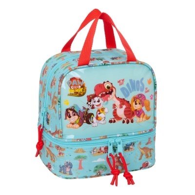 Mochila azul clara com personagens PAW Patrol Dino Movie e alças vermelhas