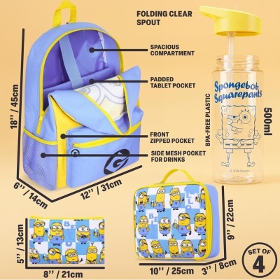 Conjunto de mochila, lancheira, necessaire e garrafa com estampados dos Minions e SpongeBob Squarepants