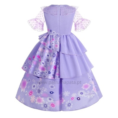 Vestido infantil lilás com estampas florais e mangas transparentes de bolinhas