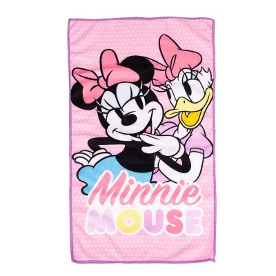 Toalha rosa com Minnie Mouse e Margarida e texto Minnie MOUSE