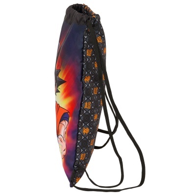Mochila saco colorida com estampa do personagem Goku e cordões pretos