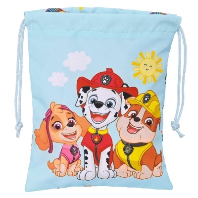 Bolsa azul claro com desenho de três cães de desenho animado e sol sorridente