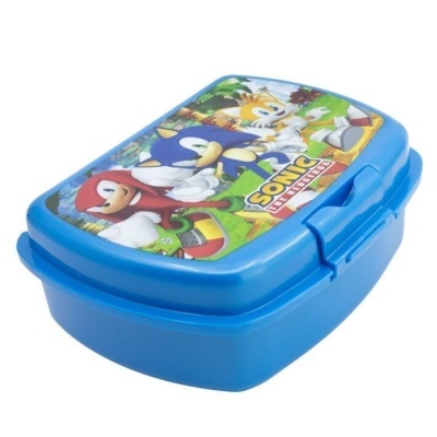 Caixa de almoço azul com personagens Sonic e texto no tampo