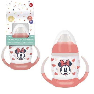 Caneca de treino branca com padrão de corações vermelhos e imagem da Minnie