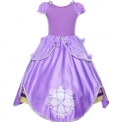 Vestido de criança roxo com saia acetinada e detalhes em branco