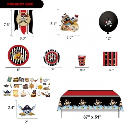 Conjunto de festa pirata com toalha de mesa, balões, pratos, copos, guardanapos e adesivos decorativos