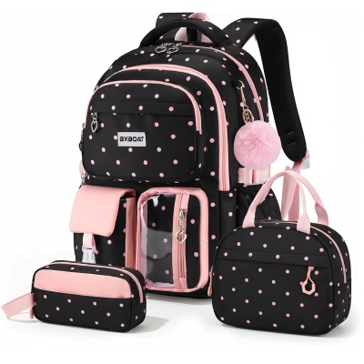Mochila, bolsa e estojo pretos com bolinhas rosa e detalhes rosa