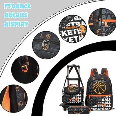 Conjunto mochila, estojo e mala com padrão basquetebol em preto, branco e laranja