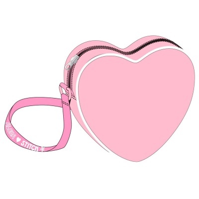 Bolsa rosa em forma de coração com fecho zip e alça com texto