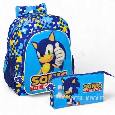 Mochila e estojo escolares azuis com estampa do Sonic the Hedgehog