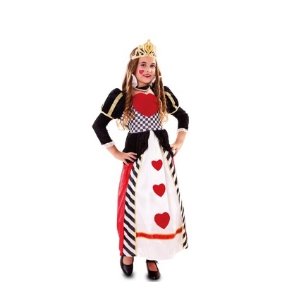 Menina vestida com fantasia infantil de rainha de copas colorida com coroa dourada