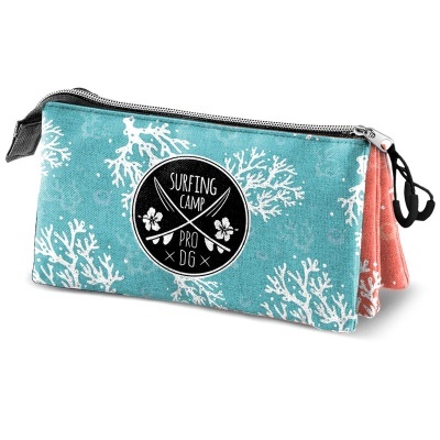 Estojo azul e coral com padrão de corais e texto SURFING CAMP PRO DG