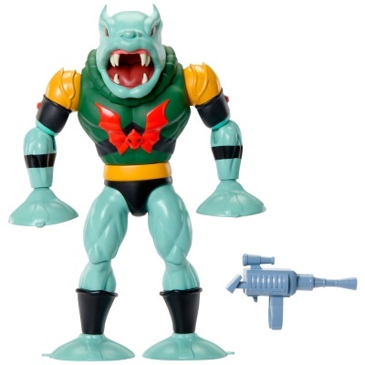 Boneco de ação azul com colete verde e símbolos vermelhos e arma azul ao lado