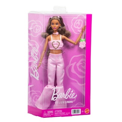 Boneca Barbie Deluxe Style com roupa rosa em caixa transparente