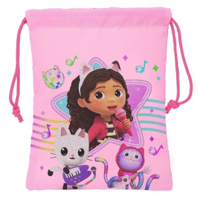 Saco rosa infantil com desenhos de menina, gato e polvo a tocar instrumentos