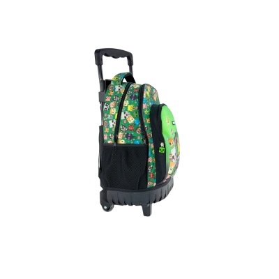 Mochila escolar verde com padrão de personagens pixelizados e rodas