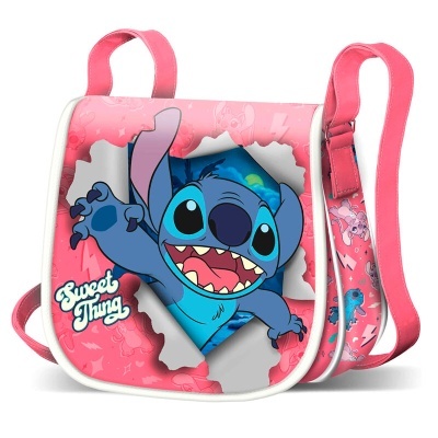 Mala de ombro rosa com personagem Stitch azul e texto Sweet Thing