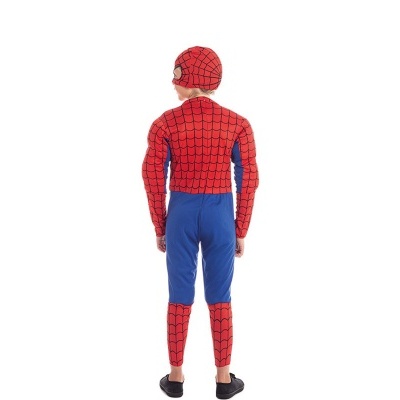 Criança vestida com fato Spider-Man visto de costas