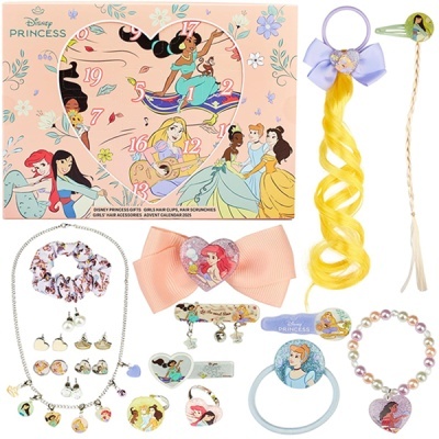 Conjunto Disney Princesas com acessórios para cabelo e bijuteria coloridos e calendário de advento rosa.