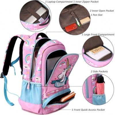 Mochila rosa e azul com estampa de unicórnio e vários compartimentos abertos mostrando organização interna