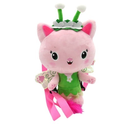 Mochila de pelúcia formato de gato cor-de-rosa com vestido verde e alças rosa