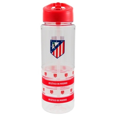 Garrafa transparente com tampa vermelha e emblema Atlético de Madrid
