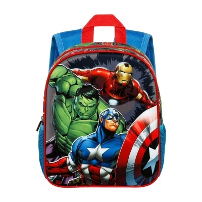 Mochila infantil azul e vermelha com desenho dos super-heróis Hulk, Homem de Ferro e Capitão América.