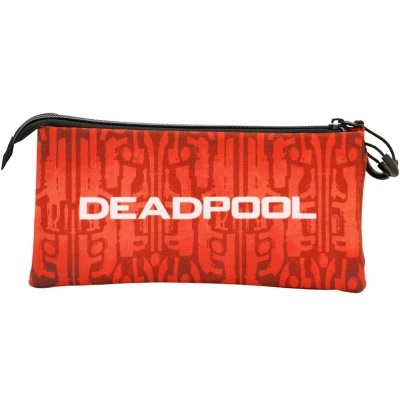 Estojo vermelho com padrão de armas e texto DEADPOOL branco