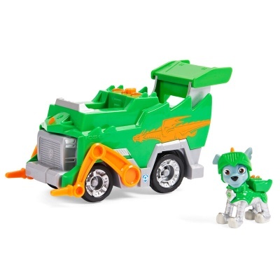 Veículo e figura de cão robótico de brinquedo em cores verde, laranja, cinza e preto