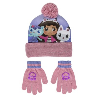 Conjunto infantil de gorro com pompom e luvas cor-de-rosa com padrão de patas roxas