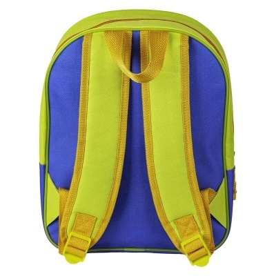 Mochila azul e verde com alças amarelas vista de trás