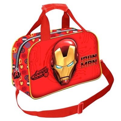 Bolsa vermelha com estampa do Homem de Ferro e símbolos dos Vingadores