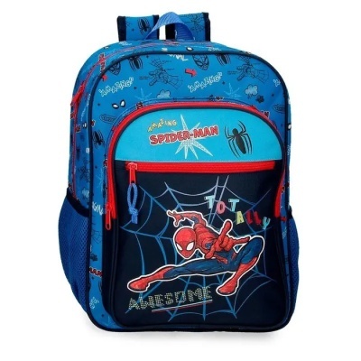 Mochila infantil azul com desenho do Spider-Man e teias de aranha