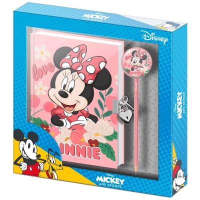 Conjunto de caderno e caneta Disney Minnie em embalagem azul com ilustrações de Mickey e amigos